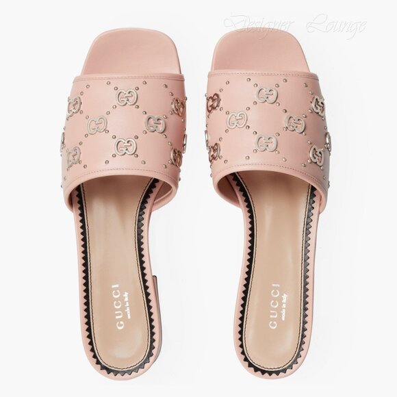 NEW GUCCI Janaya Interlocking GG Studs Rose Leather Sandal Slide EU 40.5 US 10.5 - Picture 2 of 11